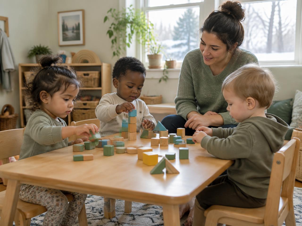 Children playing with blocks in a bright home daycare